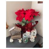 Musial snow figure, poinsettia, angels, ceramic house