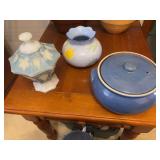 UHL pottery lidded casserole dish , Kimberly Hodges vase and vintage grapes and cable blue and white candy dish on pedestal