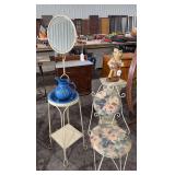Iron wash stand with bowl and mirror, iron chair with floral cushion