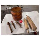 Antique sugar bucket, 2 wooden rolling pens, mallet, wooden stake