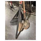 2 round nose shovels, plastic leaf rake, pole saw