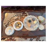 Marble tray, covered bowl, eggs, metal hanging hooks, decor