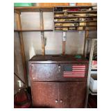 Wood storage cabinet, contents of shelf, extension cords