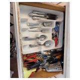 Lot of flatware, dish towels