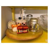 Wood lazy Susan, salt & pepper shakers, basket, timer