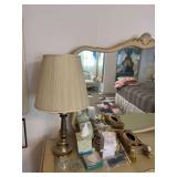 Brass table lamp, candle holders, glasses, tape dispenser, misc