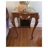 Pair of carved wood lamp tables with inlaid top & protective glass 18' x 28' x 18'