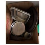 Kitchen items, baking sheets, pot, strainer, misc