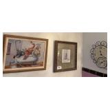2 framed prints, clock
