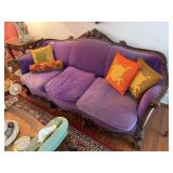 Antique 3 cushion, carved wood frame sofa 80' & pillows