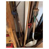 Yard tools, including scoop shovel scraper, sledgehammer, shovels, prybar leaf rake