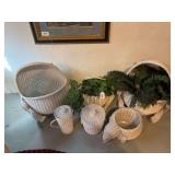 White wicker frog  planter set and elephant, pitcher , and covered basket