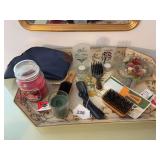 Hand painted metal tray w/ misc items