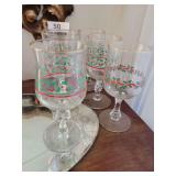 Vintage Arby's Libby Christmas Holly Berry Ribbon Stem Goblet Gold Trim Set of 6
