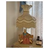 2 Capodimonte style lamp base w/ lady on bench & Victorian style shade
