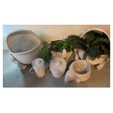 White wicker frog  planter set and elephant, pitcher , and covered basket