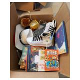 Books, Hex bug, Under armour size 8 shoes, wall art, plastic baskets, costume cowboy hat, misc