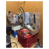 Cooler, wood chips, charcoal starter   Grill rack, jars