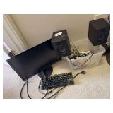 Asus monitor, keyboard, pair of PreSonus speakers, misc cords, chargers