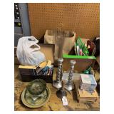 Candle sticks, bell, ash trays, paper back books, Moroccan’s, misc