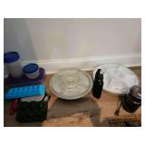 Vintage Lazy Susan Dip Tray w/Clear Glass Inserts, Plastic Dip Tray w/Lid, Capresso Grinder, Silicone Molds, Scale, Misc