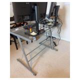 Computer desk, metal and glass, 5’ x 5’ curved corner, excludes contents