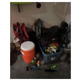 Fishing rod, igloo water color, bag chairs, yard chemicals, seat covers for dogs