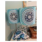 Pair of table lamps, fabric and curtains