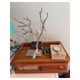Jewelry box with tape residue on drawer, costume jewelry, vintage 5” hand mirror, tree stand