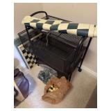 Small rolling cart, 2 marble chessboards, marble and plastic chess pieces