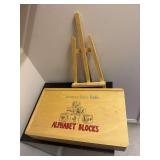 Pottery Barn blocks, mini easel, travel scrabble, chess board, game gallery, misc toys