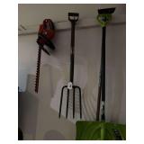 B & D electric hedge trimmer, pitch fork, snow shovel