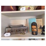 Decorative drawer, wood carved head, two books, miniatures, bread plate