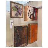 Vintage cigar boxes, magnifier, Hen-Feathers wall hanging