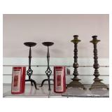 Large brass candle sticks, wrought iron candle sticks, 2 candles