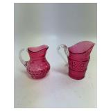 Fenton 5” cranberry pitcher, unmarked 4.5” cranberry pitcher
