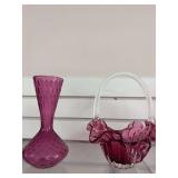 Cranberry basket w/ clear handle. Cranberry vase