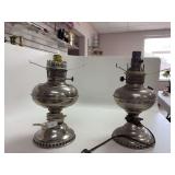 Two vintage oil lamps nickel plated that have been converted to electric