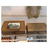 2 vintage boxes ( 1 has Evansville Post Office postcard & mirrored lid