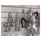 Reproduction Sleepy Hollow Tea & Coffee pots, stiff pewter salt, Stiief pewter shaker