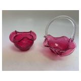 Fenton Cranberry basket w/ clear handle, Fenton ruffled top bowl
