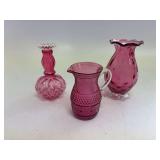 Cranberry vase, pitcher & footed vase