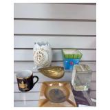 Crystal dolphin paperweight, alabaster ash tray, planters, mini cup