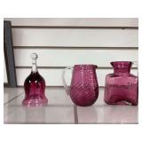 2 Cranberry mini  pitchers and bell