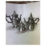 Woodbury pewter tea/coffee pot , Royal Holland pewter creamer and sugar , and tea/coffee pot stamped with a bee and 11 on bottom