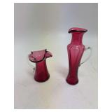 2 Cranberry hand blown cruets w/ handles