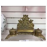 Ornate cherub brass double ink well desk set