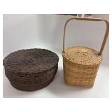 13” round wicker basket with lid , and primitive woven  feather basket