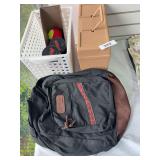 Backpack, tennis balls,file box