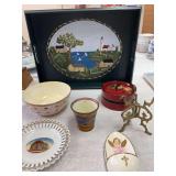 Miscellaneous items , tole painted tray , china strawberry bowl , wooden oriental covered dish, post office of Evansville plate , votive holder , brass stand , holy water fountain , and tile stand